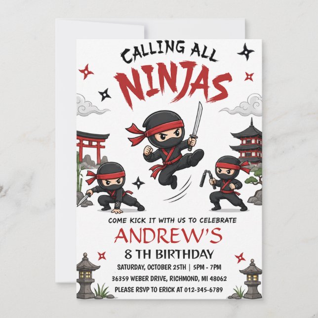 Convites Festa de aniversário personalizada de ninja guerre (Frente)