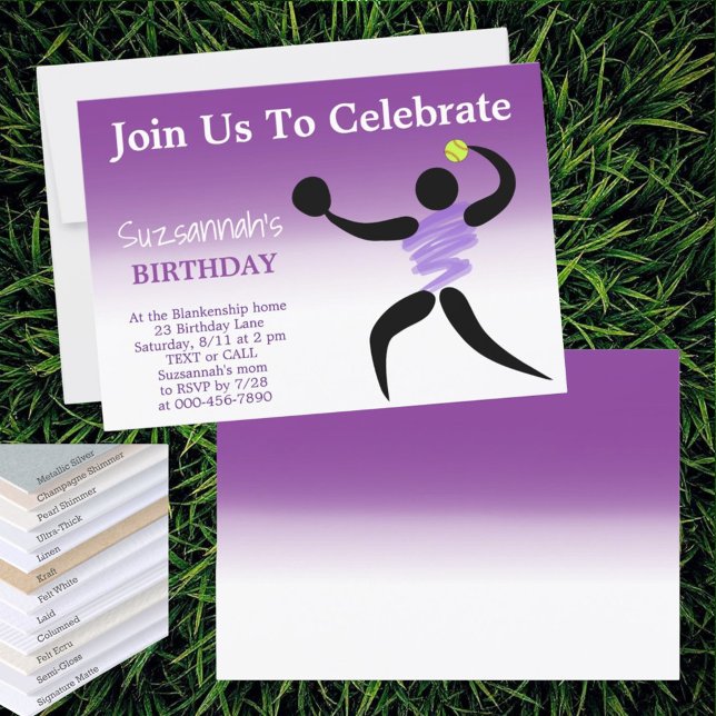 Convites Festa de aniversário Personalizada De Softball De  (front invitation template gradient purple back)