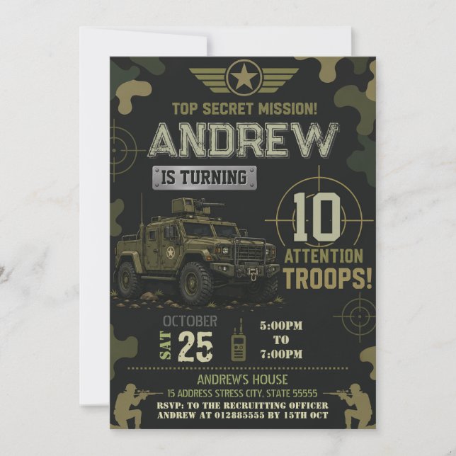 Convites Festa de aniversário personalizada do Exército (Frente)