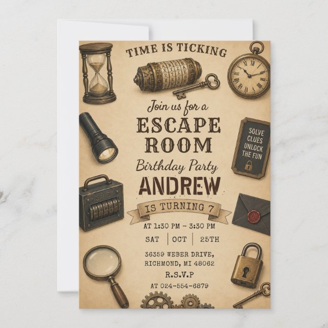 Convites Festa de aniversário personalizada em Escape Room (Frente)