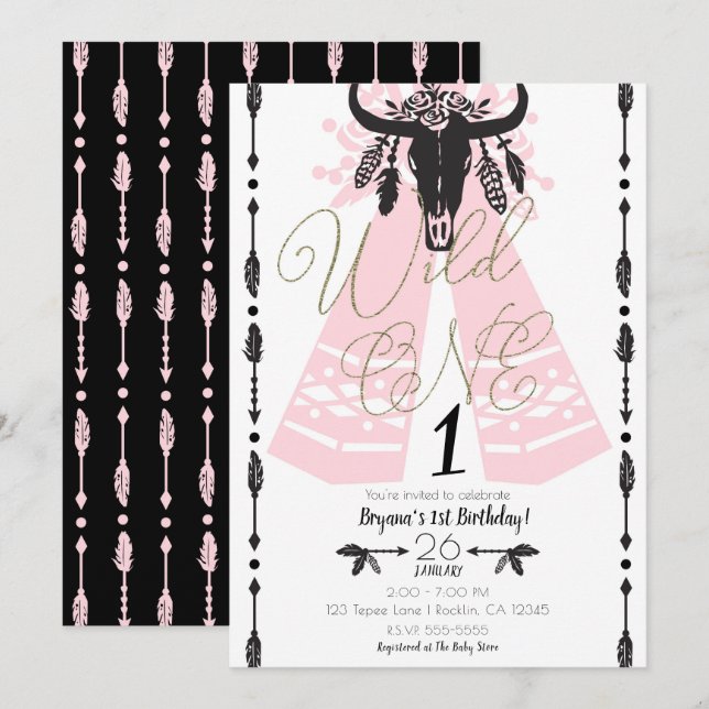 Convites Festa de Aniversário Pink & Black Boho Chic Wild O (Frente/Verso)
