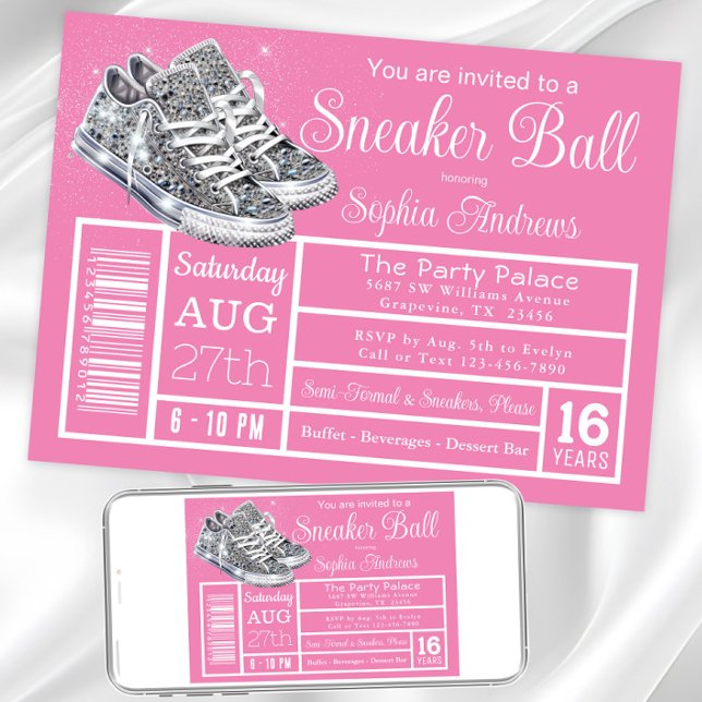 Convites Festa de Aniversário Pink Diamond Sneaker Ball (Pink sneaker ball invitation. Instant download and printed invitations available.)