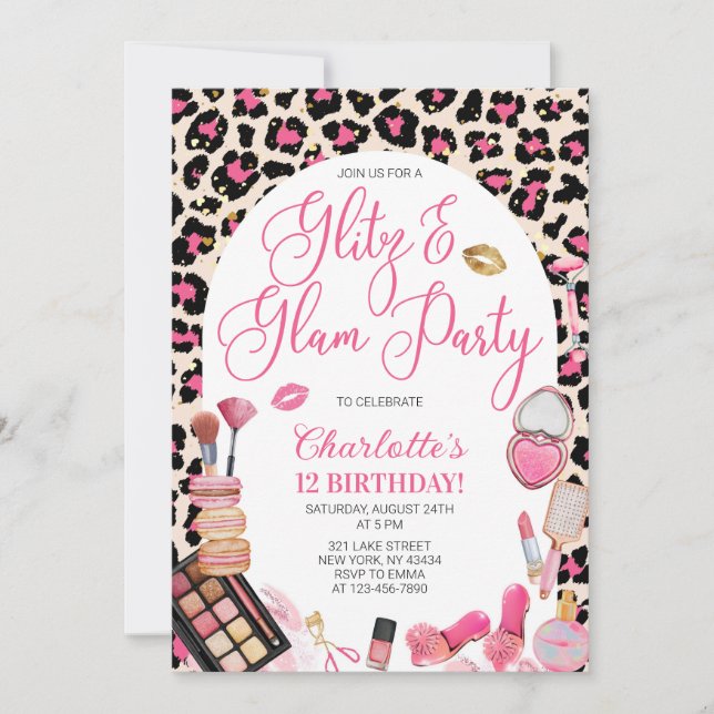 Convites Festa de Aniversário Pink Leopard Glitz e Glam Par (Frente)