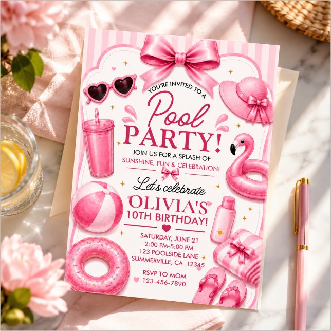 Convites Festa de Aniversário Pink Pool Party (Criador carregado)