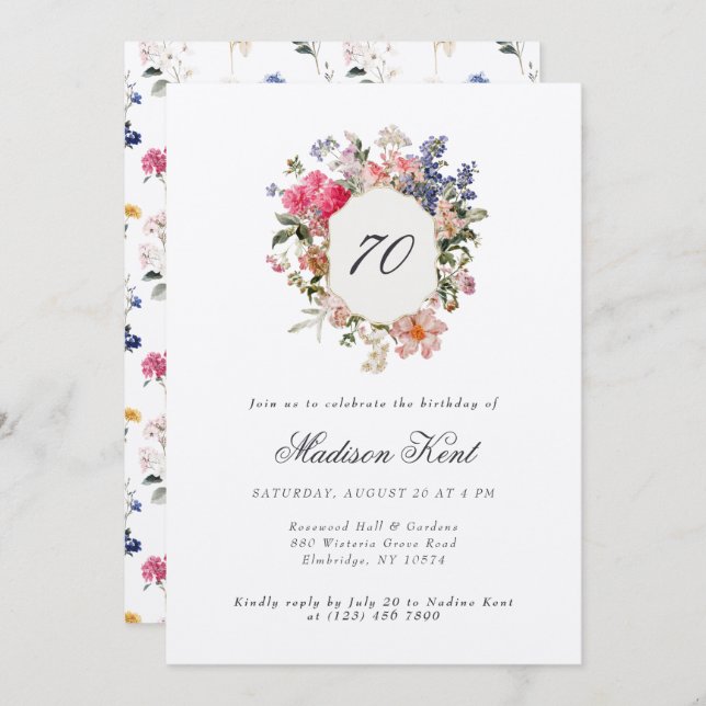 Convites Festa de aniversário Pintada de 70 de repouso flor (Frente/Verso)