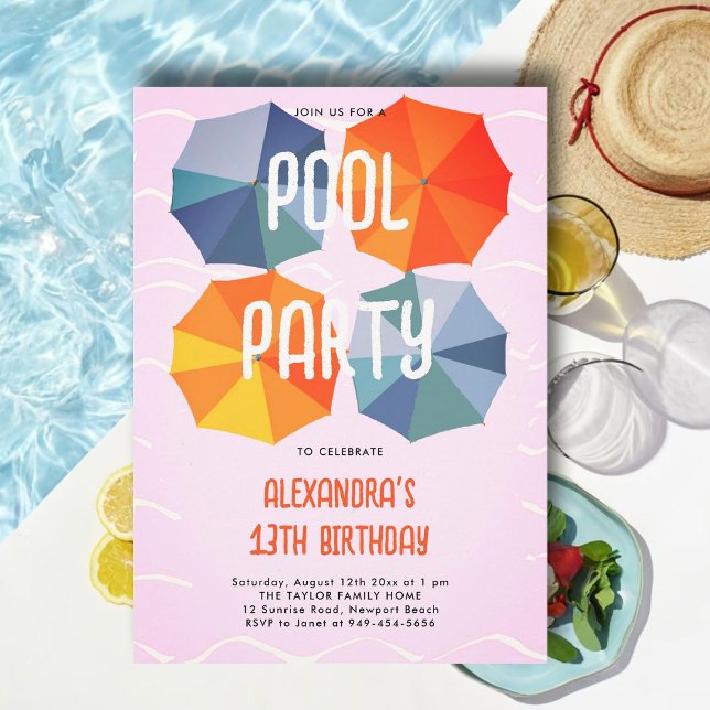 Convites Festa de aniversário piscina Guarda-chuvas Legal,  (teen pool party invitations for girls tween thirteen pink teal aqua blue umbrellas cute modern cool)