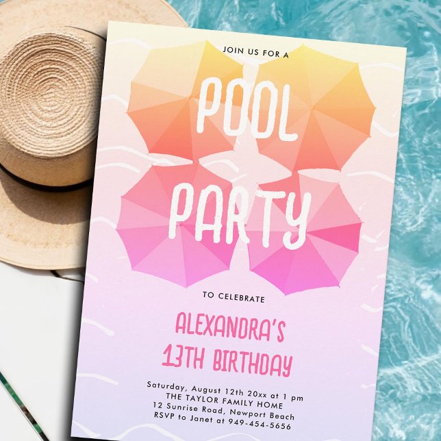 Convites Festa de aniversário piscina Rosa Guarda-chuvas Le (teen pool party invitations for girls tween thirteen pink umbrellas pattern cute modern cool girly)