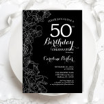 Convites Festa de aniversário Preta Branco Floral 50ª<br><div class="desc">Convite de aniversário 50º Floral Branco Preto. Design minimalista moderno com desenhos botânicos em destaque e letra de script de tipografia. Simples trendy convida cartão perfeito para uma festa de na moda. Pode ser personalizado para qualquer idade. Impressos convites Zazzle ou modelo de impressão digital instantânea para download.</div>