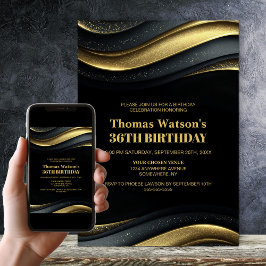 Convites Festa de Aniversário Preta e Dourada Moderna para