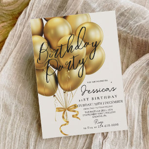 Convites Festa de Aniversário Preta Escrita Dourada Minimal
