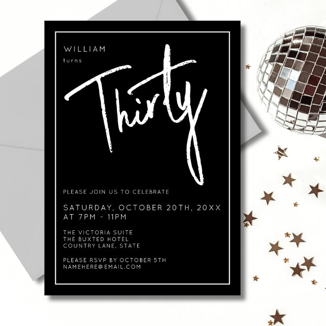Convites Festa de aniversário preta moderna trigésima trigé (Stylish and modern black and white men's 30th birthday invitation with minimal script lettering.)