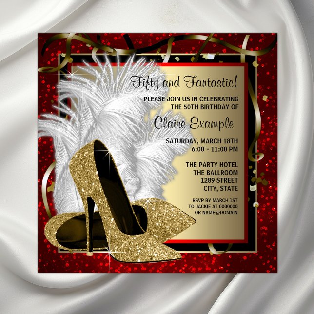 Convites Festa de aniversário Preta Vermelha de Alto Curso (Beautiful gold shoes on a red, black and gold feathers and confetti background any event invitation.)
