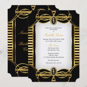 Convites Festa de Aniversário Preto Branco Dourado Listras 