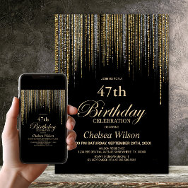 Convites Festa de Aniversário Preto com Brilho Dourado para