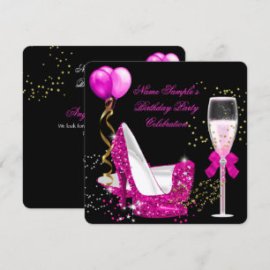 Convites Festa de Aniversário Preto com Brilho Dourado Rosa