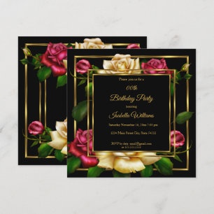 Convites Festa de Aniversário preto Dourado floral Rosa cre