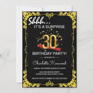 Convites Festa de aniversário preto e 30 Dourado na moda Su