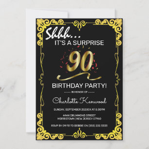 Convites Festa de aniversário preto e 90 Dourado na moda Su