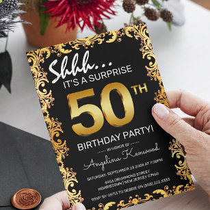 Convites Festa de aniversário preto e Dourado 50º Surpresa