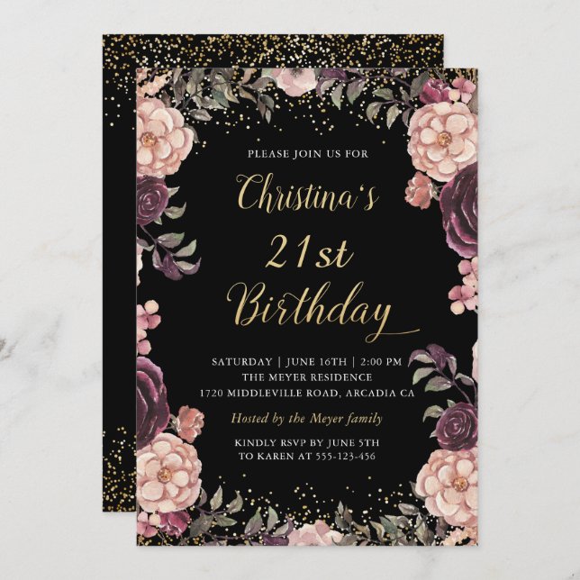 Convites Festa de aniversário Preto Floral Rosa-Rosa Chic (Frente/Verso)