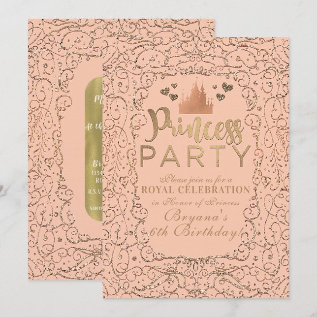 Convites Festa de Aniversário PRINCESA Castelo Dourado Rosa (Frente/Verso)
