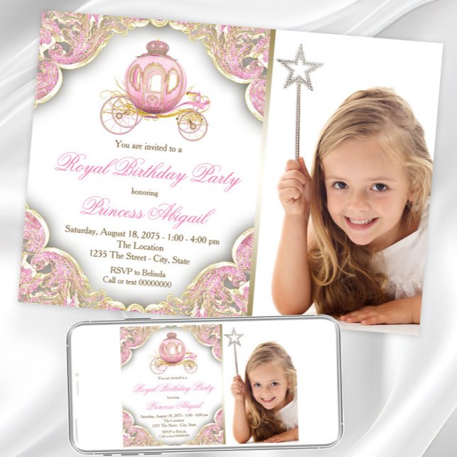 Convites Festa de Aniversário Princesa Foto Dourado Rosa (Princess photo any number birthday invitation. Instant download and printed invitations available.)