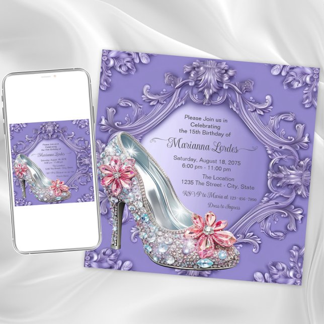 Convites Festa de aniversário Purple Quinceañera (Purple jewel shoe any occasion invitation. Instant download and printed invitations available.)