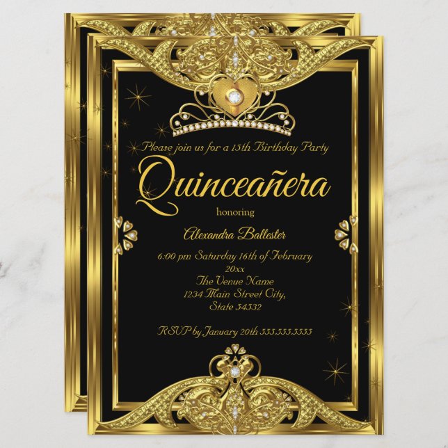 Convites Festa de aniversário Quinceanera Foto Dourada (Frente/Verso)