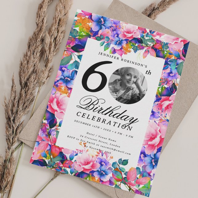 Convites Festa de aniversário Rainbow Floral Garden Foto 60 (Rainbow Floral Garden Photo 60th Birthday Party Invitation)