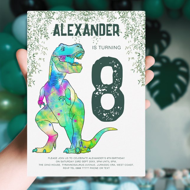 Convites Festa de aniversário Rar do Dinossaur T-Rex (T-Rex Roar dinosaur 8th birthday party invitation colorful dino art jungle foliage green typography )