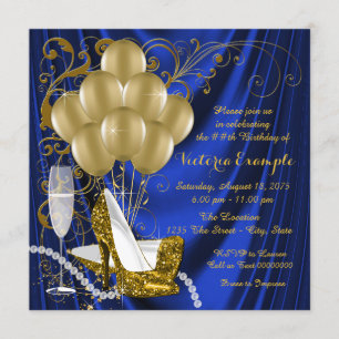Convites Festa de aniversário Real Azul Dourado Glam Pearl