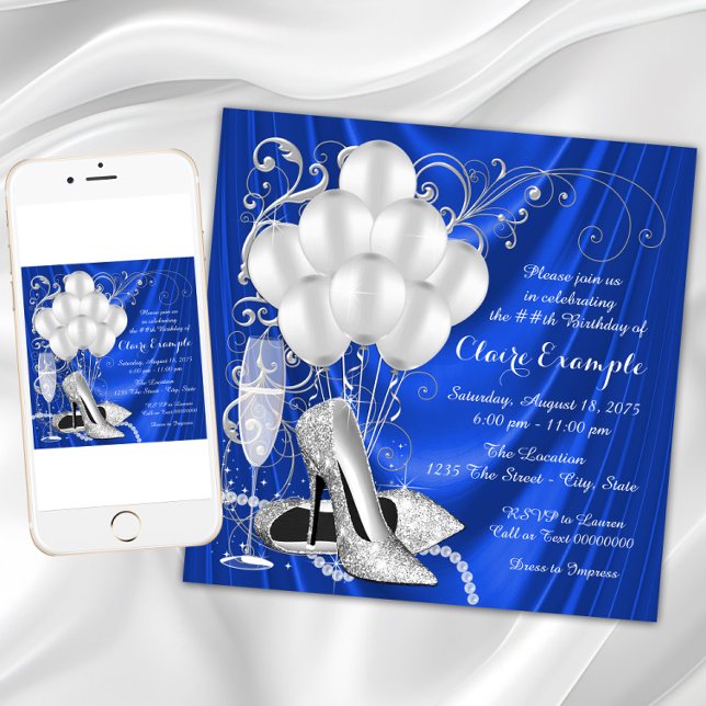 Convites Festa de aniversário Real Azul e Prata (Womans blue and silver birthday party invitation with silver high heels, pearls and balloons.)