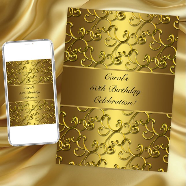 Convites Festa de Aniversário Redemoinho Dourado (Gold swirl any birthday or occasion invitation. Instant download and printed invitations available.)