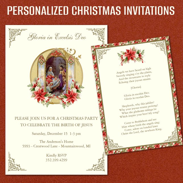 Convites Festa de aniversário Religiosa de Natal para Jesus (Traditional Religious Vintage Christmas Party Invitations Easy to Personalize )
