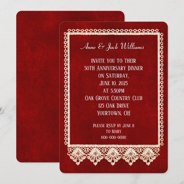 Convites festa de aniversário renda moldura em vermelho (Frente/Verso)