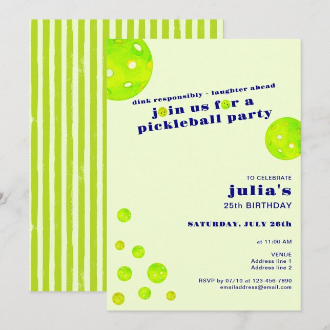 Convites Festa de aniversário Responsável Preppy Pickleball (Frente/Verso)