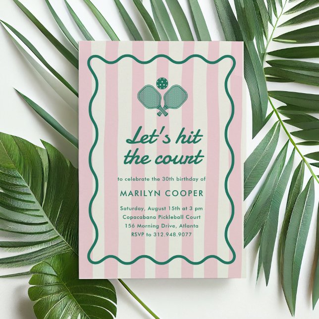 Convites Festa de Aniversário Retro Elegante de Pickleball  (Let's hit the court Pickleball birthday party invitation with pink stripes and green wavy border)