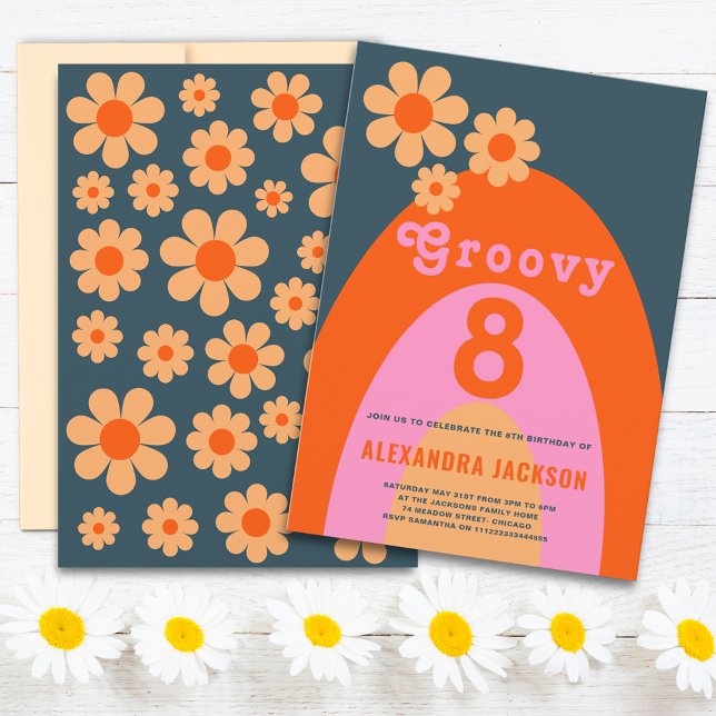 Convites Festa de Aniversário Retro Groovy (Groovy 8 retro daisy arch navy blue orange pink 8th birthday party invitation & groovy typography )