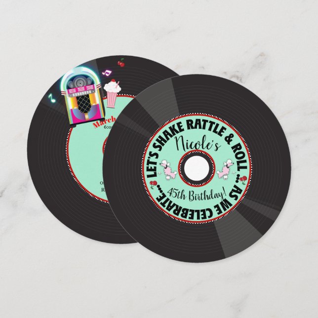 Convites Festa De Aniversário Retro Record 1950'S 50'S Anos (Frente/Verso)