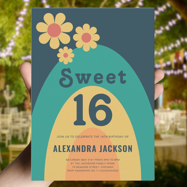 Convites Festa de aniversário Retro Sweet 16 (Retro 70s vintage daisy arch groovy 16th birthday party invitation )
