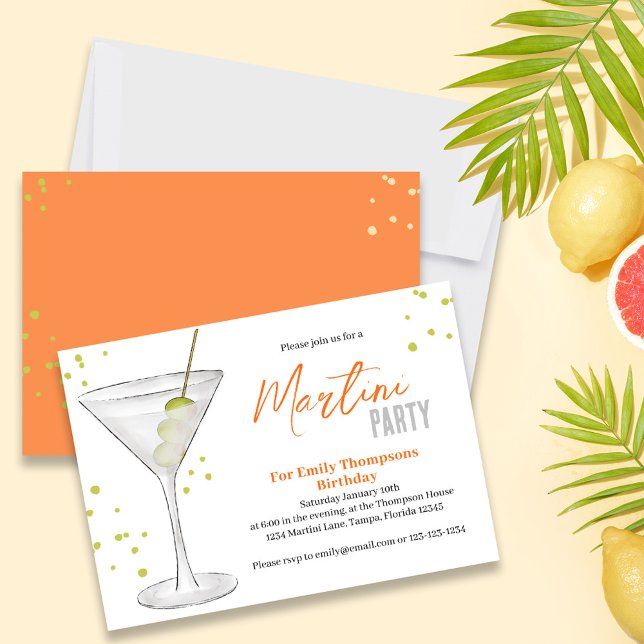 Convites Festa de aniversário RetroLegal Watercolor Martini (Birthday party invitation with a watercolor martini )