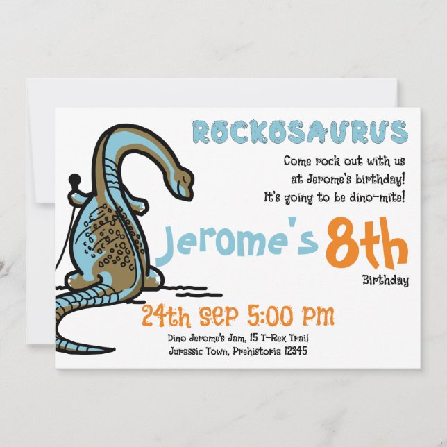 Convites Festa de Aniversário Rockosaurus Dino-Mite! (Frente)