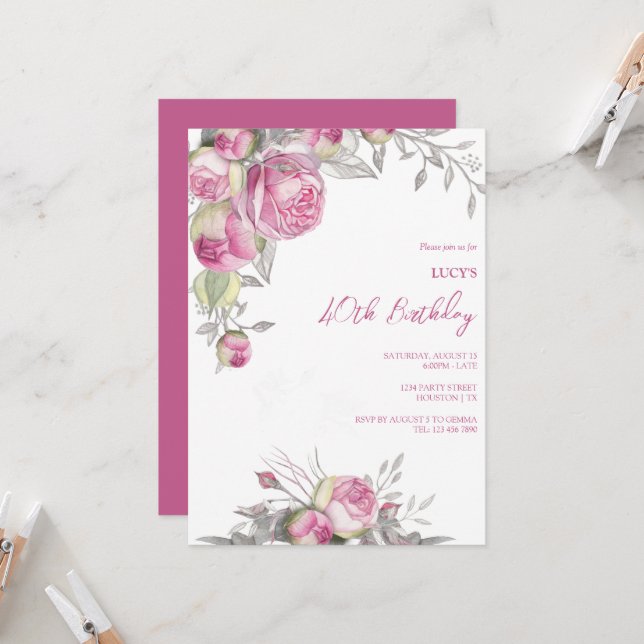 Convites Festa de aniversário Romântica de Decoração de Ros (Frente/Verso In Situ)