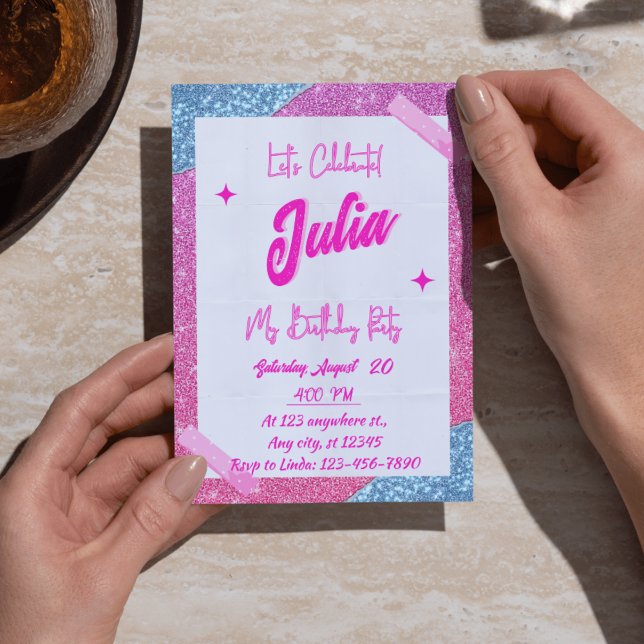 Convites Festa de aniversário Rosa, Branca e Rapariga Brilh (Pink, White & Glitter Girl Birthday Party Invitations - Cute & Girly Invites)