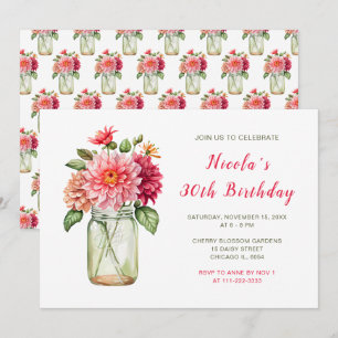 Convites Festa de aniversário Rosa Dahlias Mason Jar
