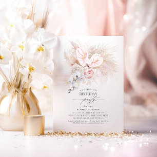 Convites Festa de aniversário rosa de Anthurium e Pampas d