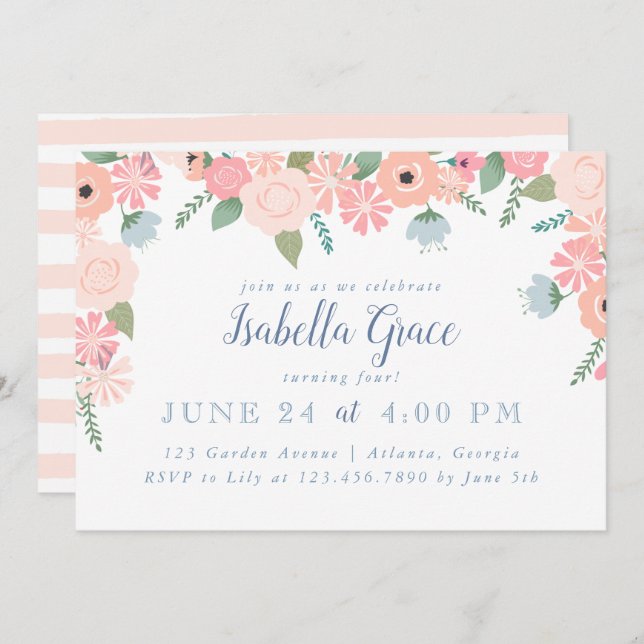 Convites Festa de aniversário rosa de Blooms Florais (Frente/Verso)
