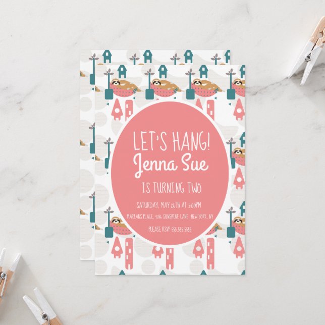 Convites Festa de aniversário rosa de declive de declive cô (Frente/Verso In Situ)