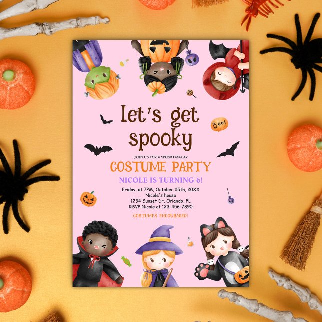 Convites Festa de aniversário rosa de Halloween Figurume Cu (Pink Halloween Birthday Party Costume Cute Kids Invitation)