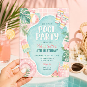 Convites Festa de Aniversário Rosa de Verão na Piscina: Gar